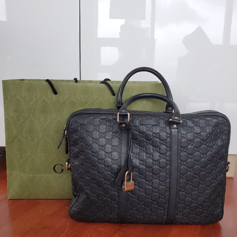 Gucci Authentic Men's Black Signature Leather Briefcase